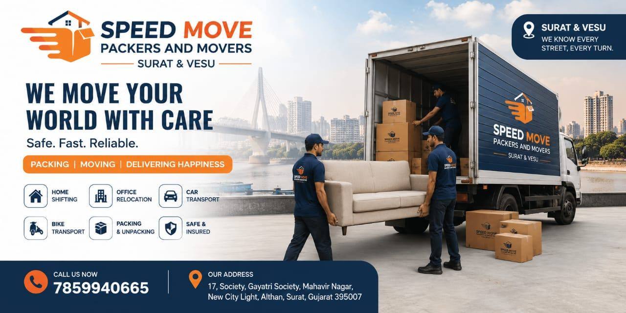 Speed Move Packers and Movers Surat crew loading a sofa and cartons into a moving truck — home shifting, office relocation and car transport services in Surat