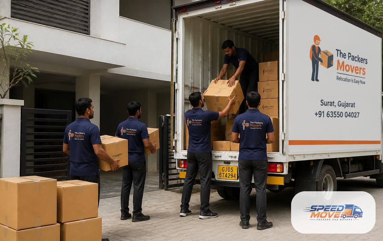Speed Move Packers and Movers Surat truck with professional crew loading a family's belongings