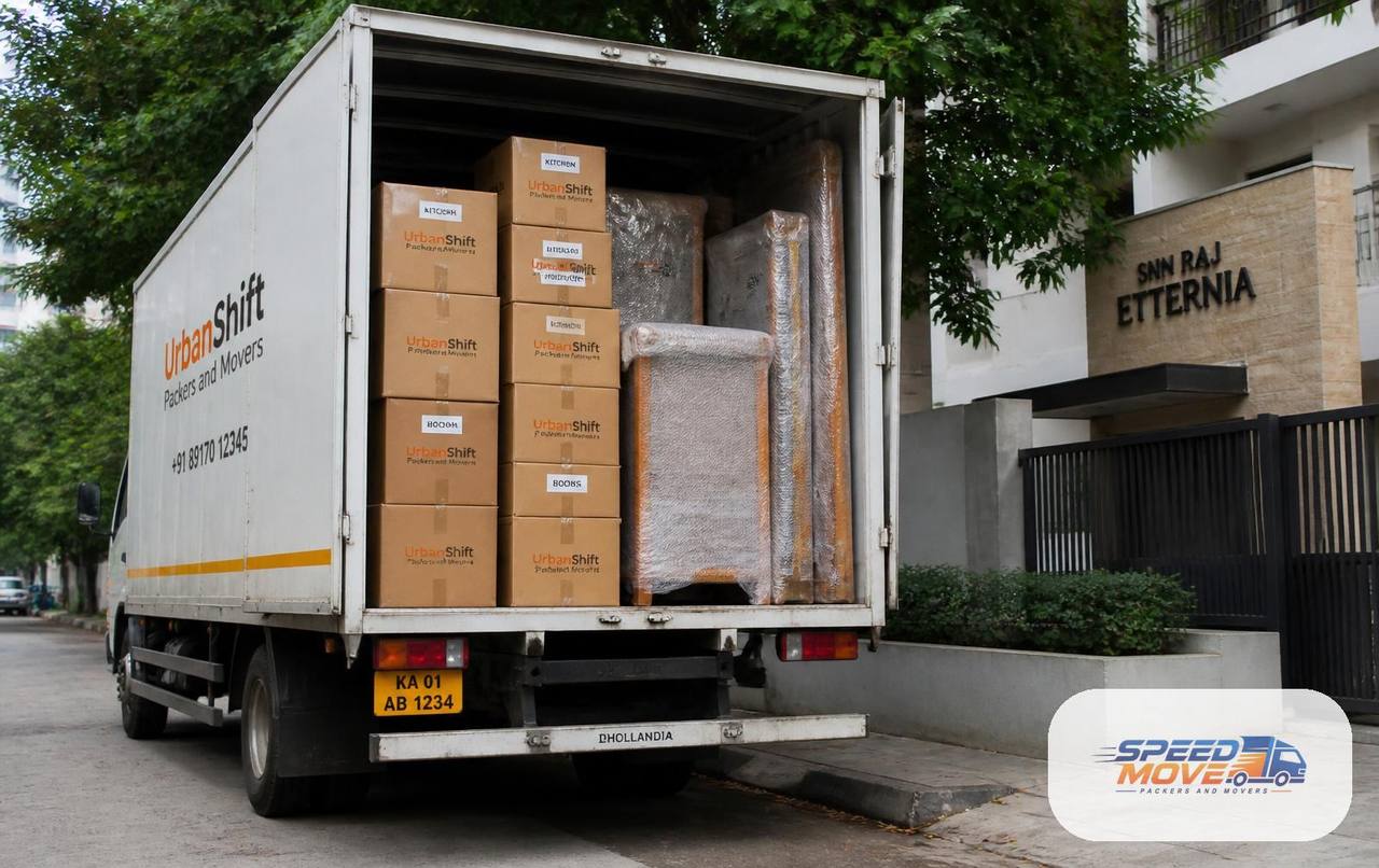 Speed Move branded moving truck outside a residential building